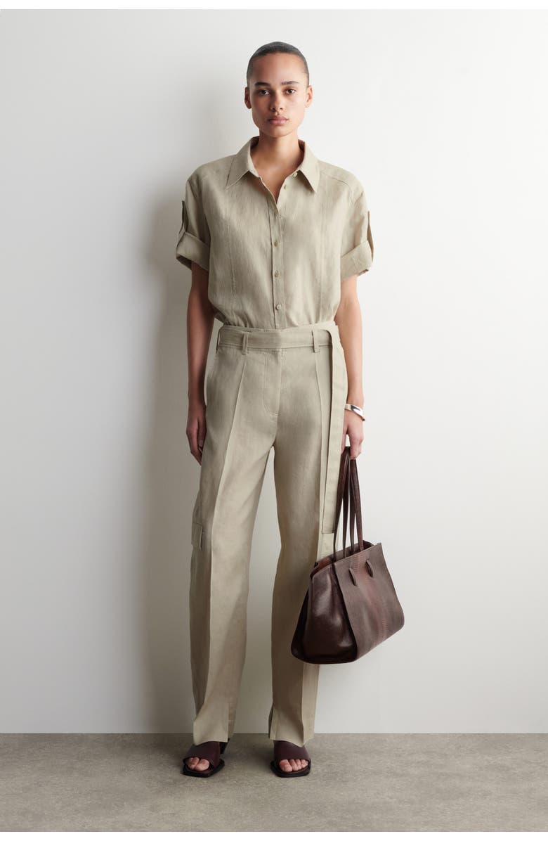 COS Folded-Sleeve Linen Shirt, Alternate, color, Beige