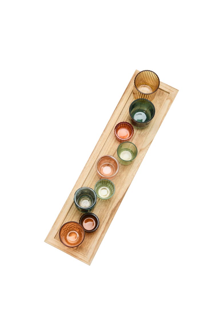 Round Glass Votive Holders on Wood Tray, Multicolor, Set of 9, Alternate, color, Multicolor
