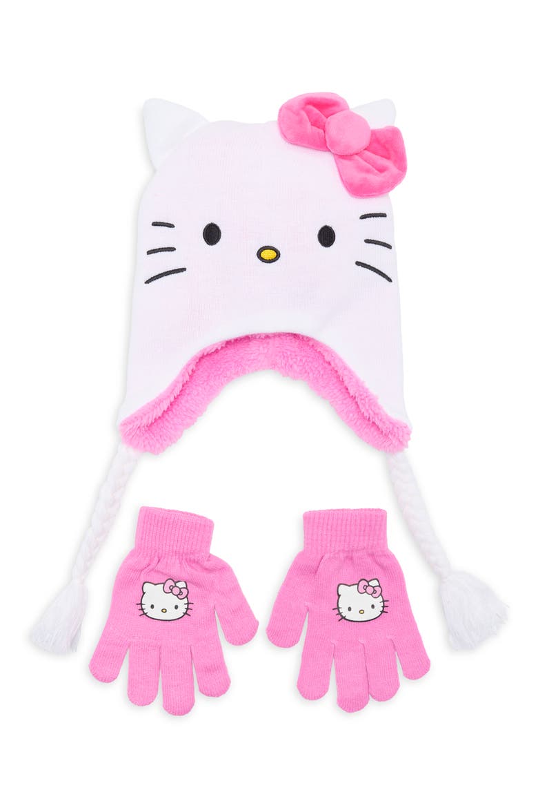 Hello Kitty Trapper Hat & Gloves Set, Main, color, WHITE
