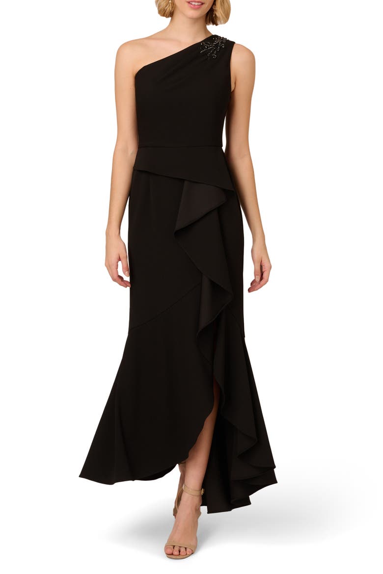 Beaded One-Shoulder Crepe Gown, Main, color, BLACK