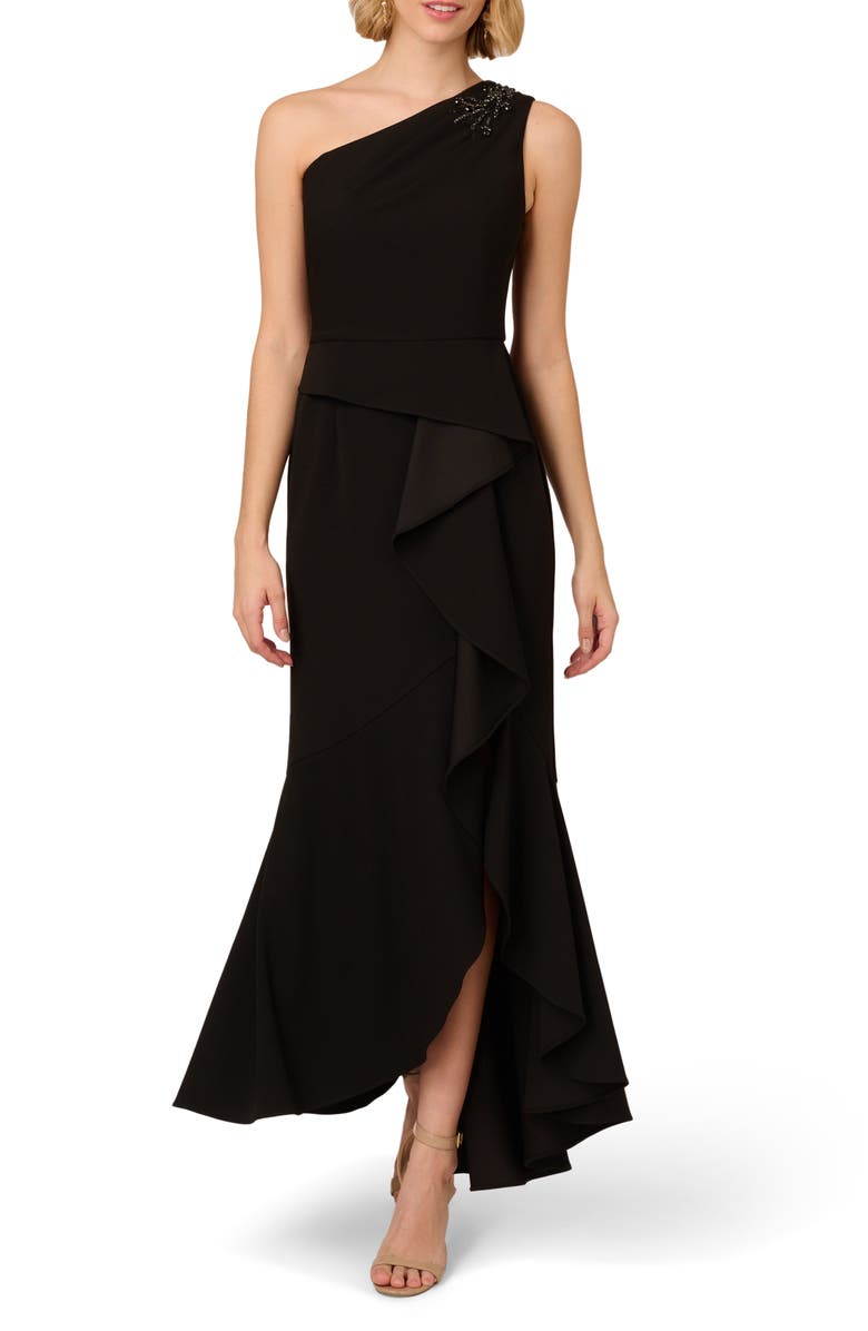 Adrianna Papell Beaded One-Shoulder Crepe Gown, Main, color, Black