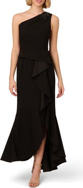 Adrianna Papell Beaded One-Shoulder Crepe Gown