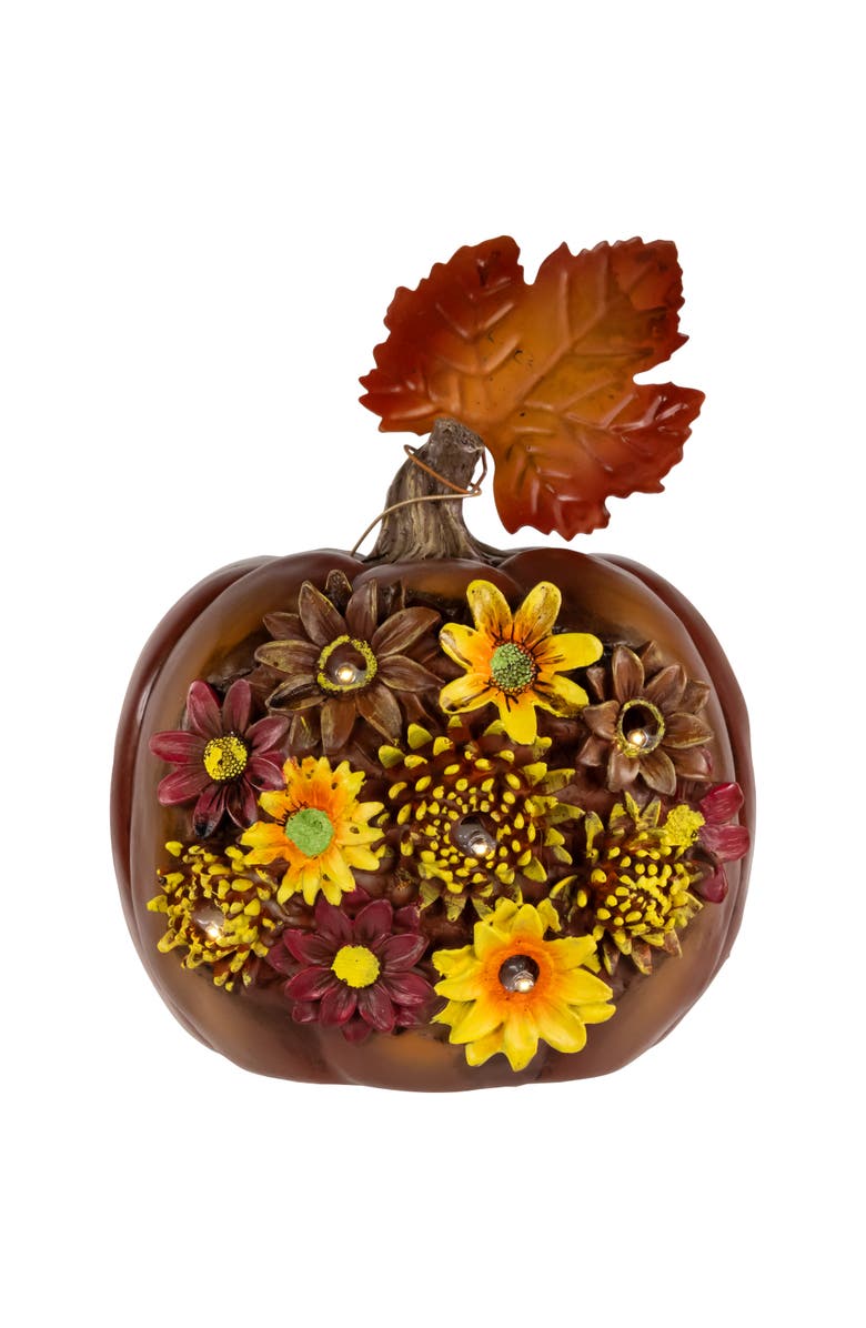 Northlight LED Lighted Solar Powered Floral Fall Harvest Pumpkin Outdoor Decoration - 8", Main, color, Brown
