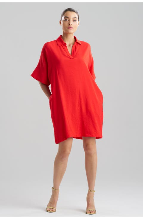 Solid Fluid Twill Short Sleeve Caftan Dress