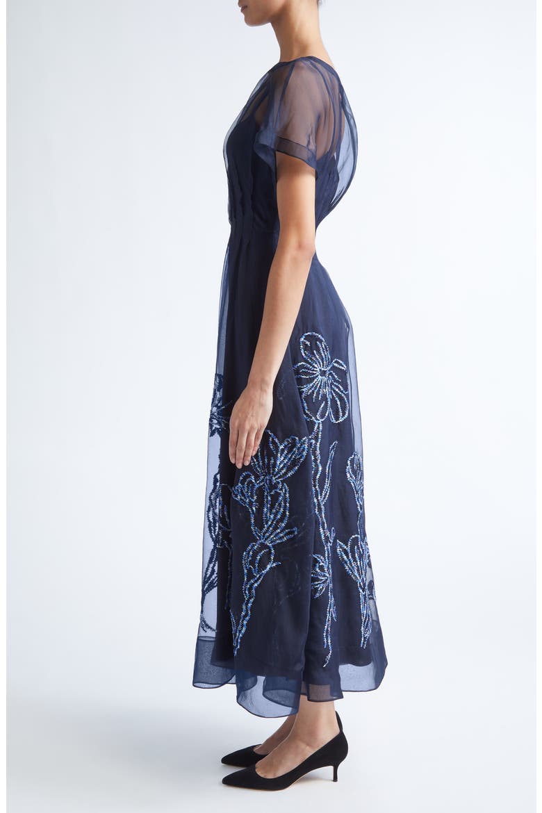 Ikat Floral Embroidered Silk Organza Dress, Alternate, color, NAVY/ BLUE