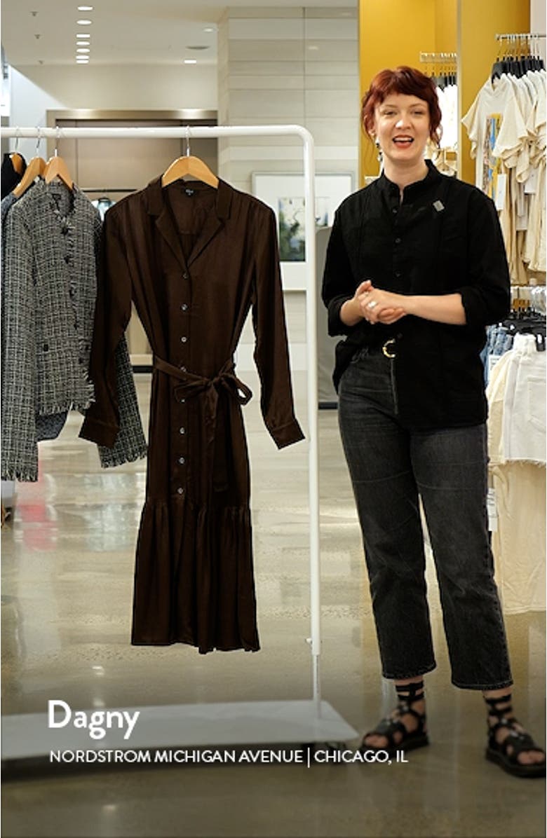 Beatrice Long Sleeve Belted Satin Midi Shirtdress, sales video thumbnail