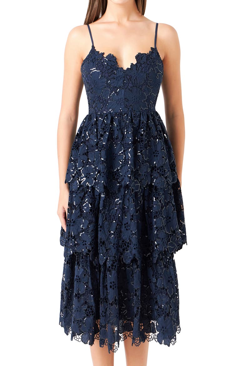Floral Lace Tiered Sequin Midi Dress, Alternate, color, NAVY