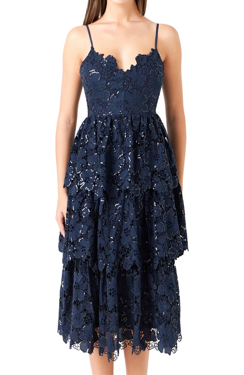 Endless Rose Floral Lace Tiered Sequin Midi Dress, Alternate, color,