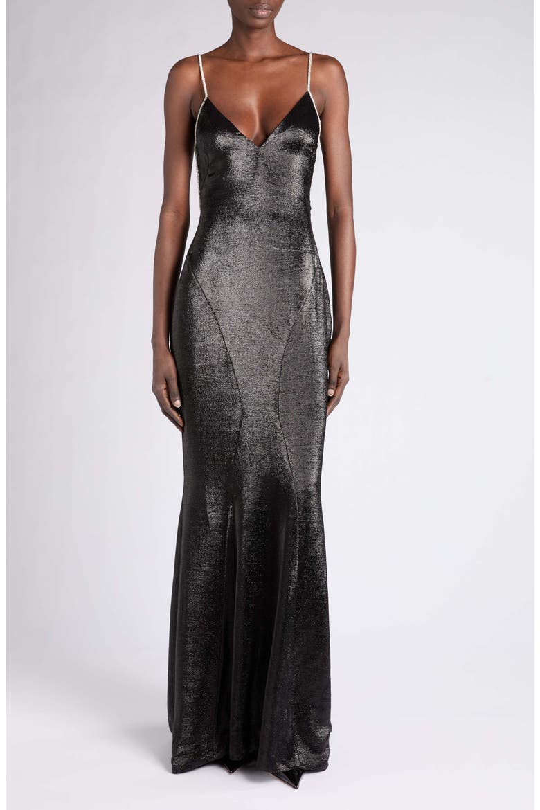 Crystal Chain Silk Blend Evening Gown, Main, color, BLACK/ CRYSTAL