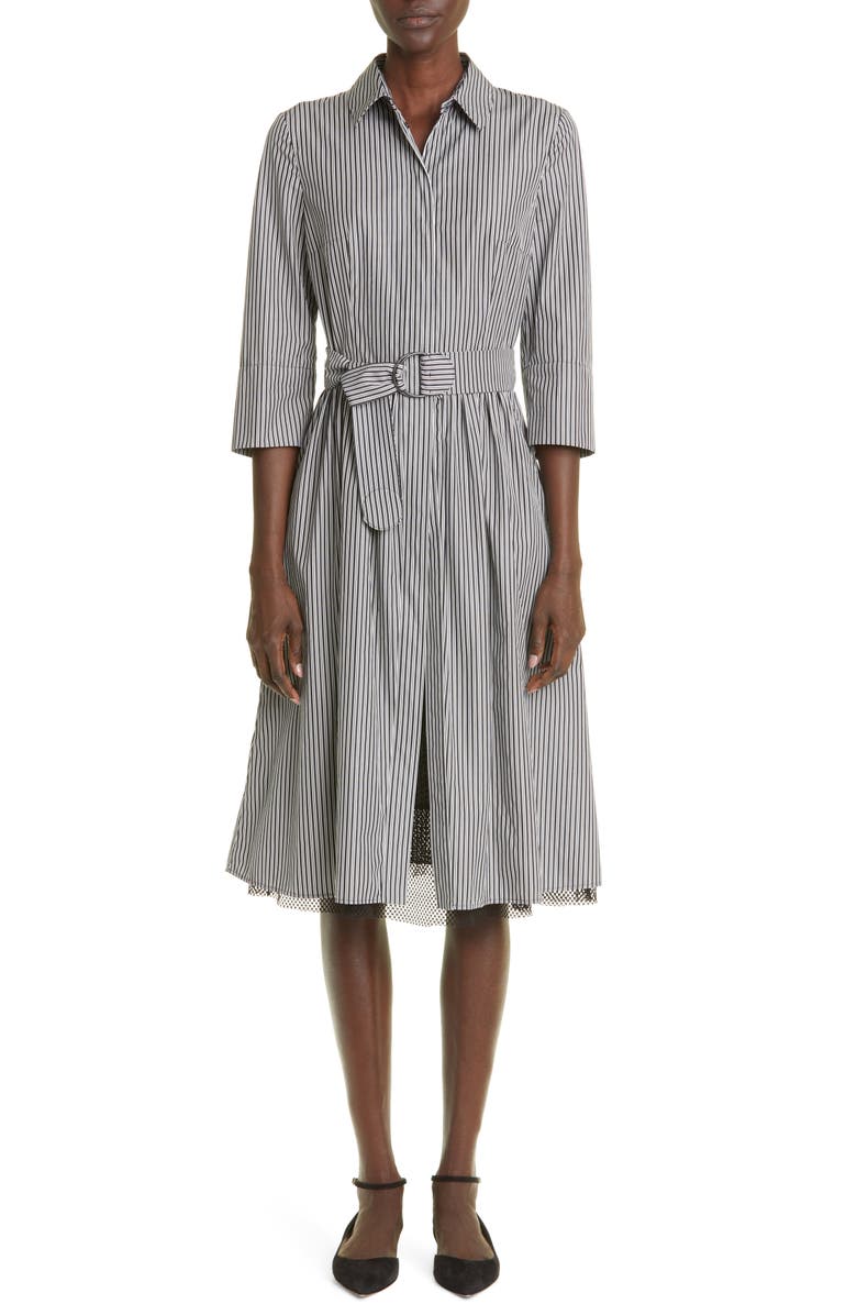 Akris punto Stripe Cotton Poplin & Mesh Shirtdress, Main, color, Black-Cream