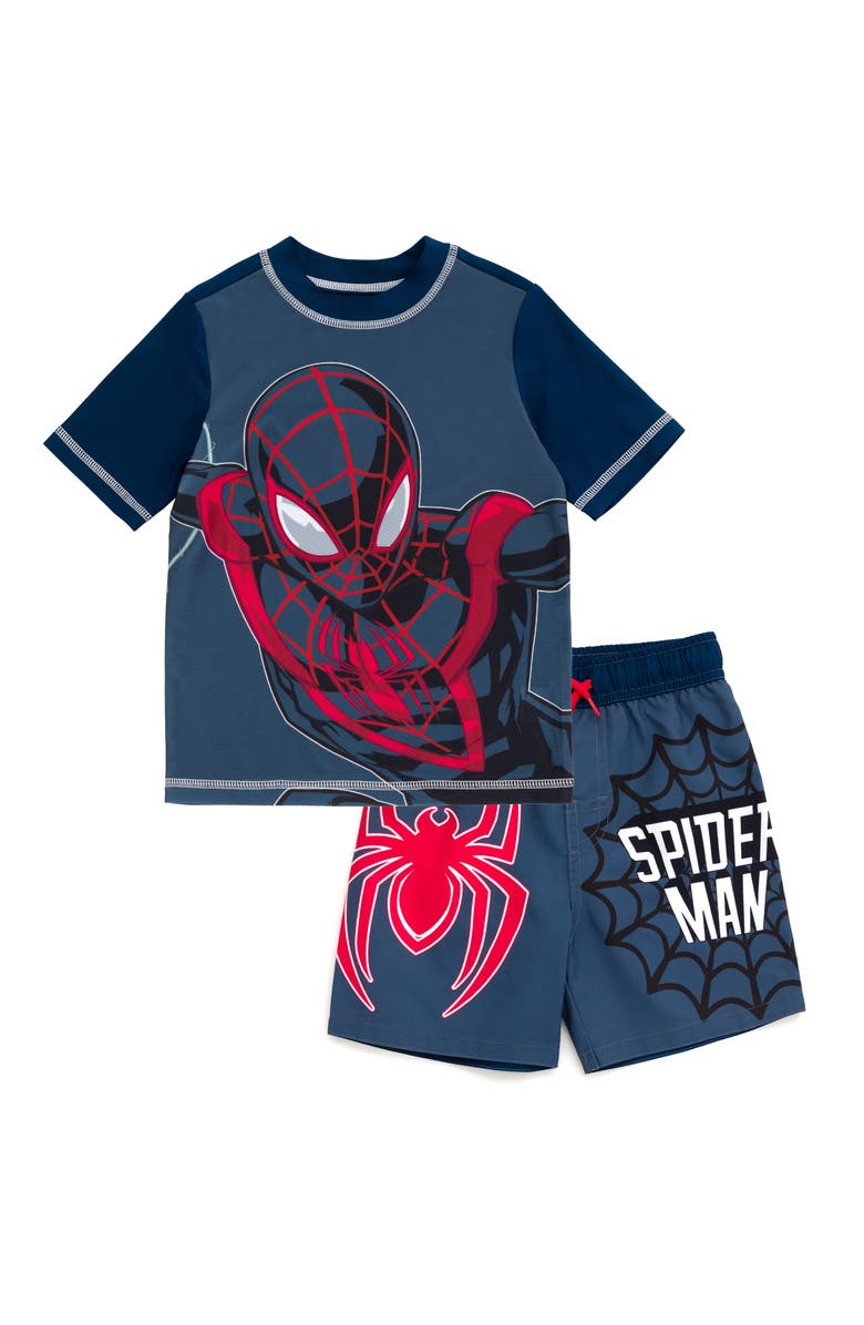 Marvel Avengers Swimwear 2-Piece Rashguard and Swim Trunks Set, Main, color, Miles Morales Grey