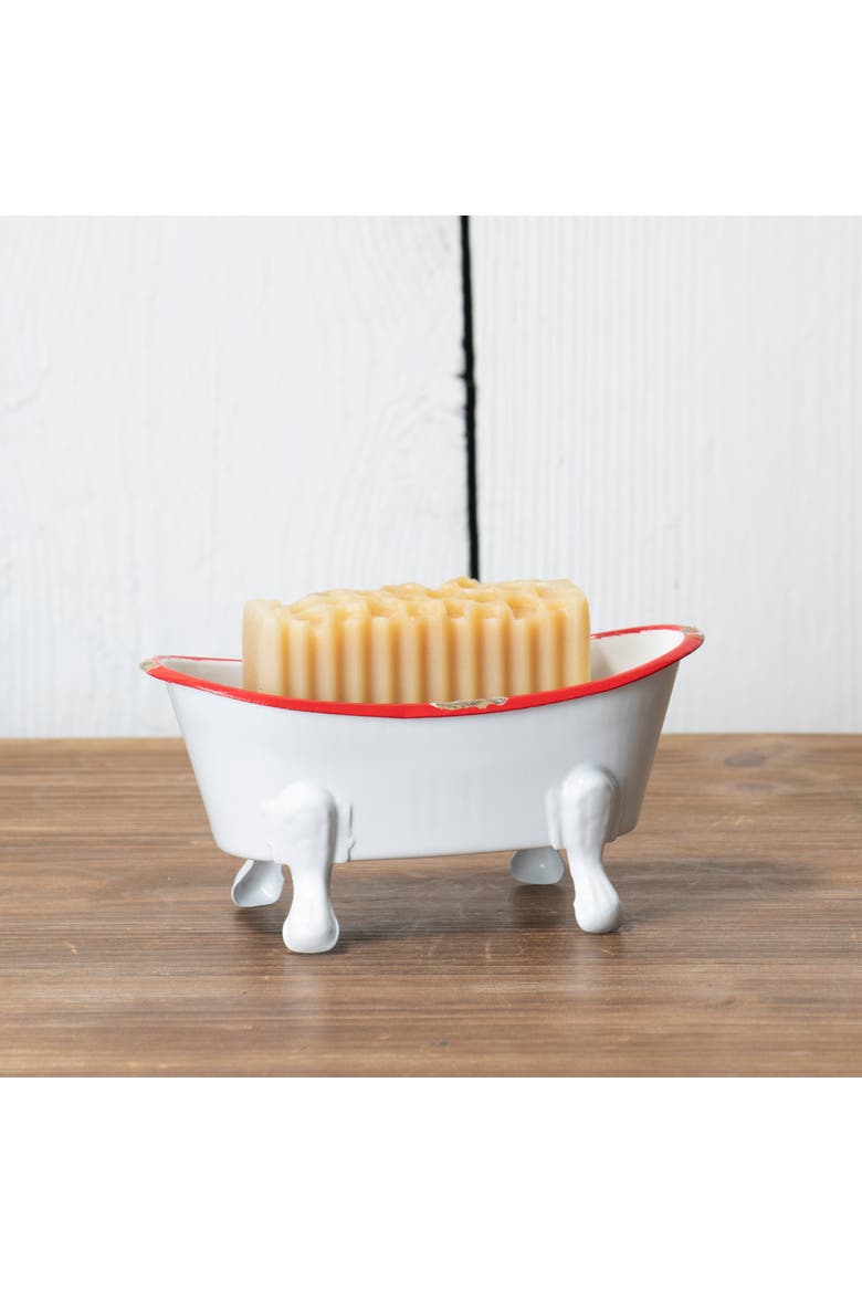 Red Distressed Rim White Enamel Bathtub Soap Dish, Alternate, color, White