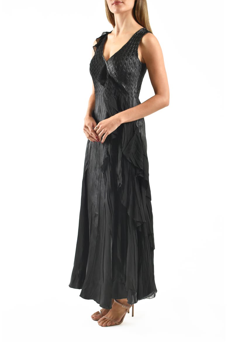 Side Ruffle Charmeuse & Chiffon Gown, Alternate, color, BLACK