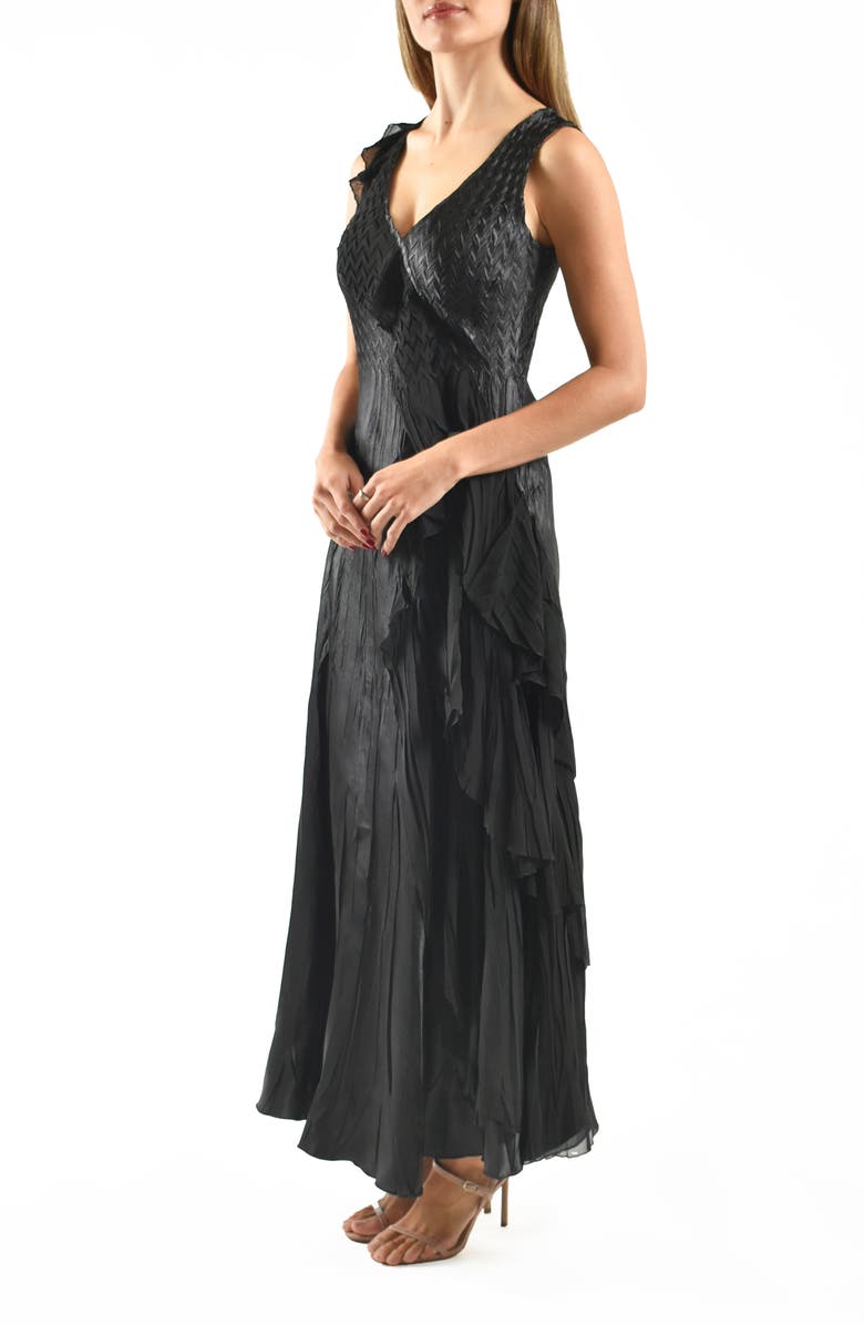Komarov Side Ruffle Charmeuse & Chiffon Gown, Alternate, color, Black