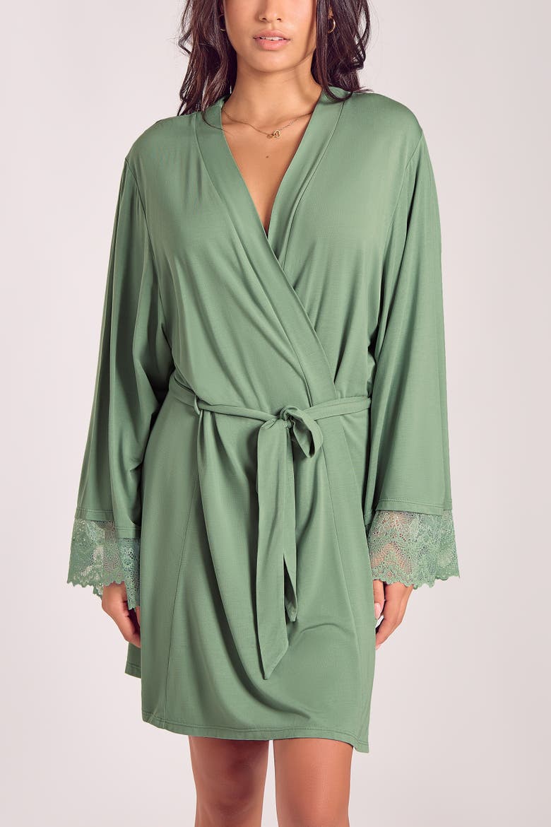 Lace-Trimmed Modal Robe with Adjustable Ties, Main, color, Green