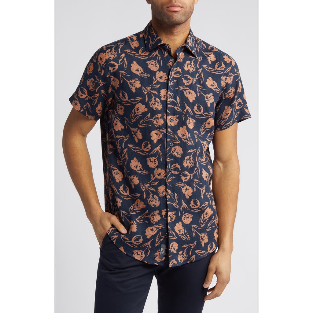 Rodd & Gunn Castor Bay Floral Short Sleeve Cotton Button-up Shirt In Navy