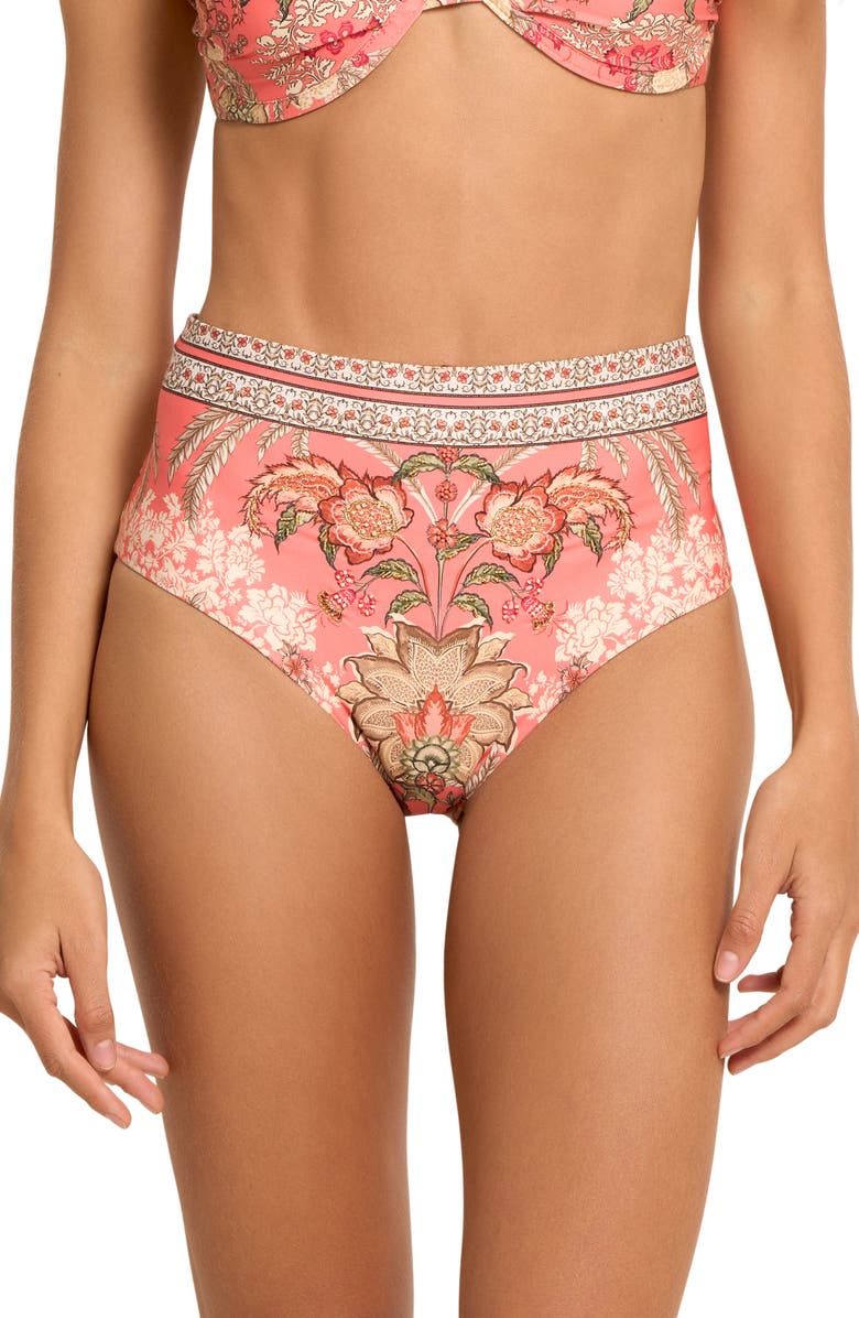 Cosita Linda Floral High Waist Lace-Up Bikini Bottoms, Main, color, Coral Multi
