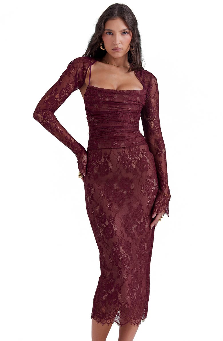 HOUSE OF CB Gaia Long Sleeve Lace Body-Con Dress, Alternate, color, Mulberry