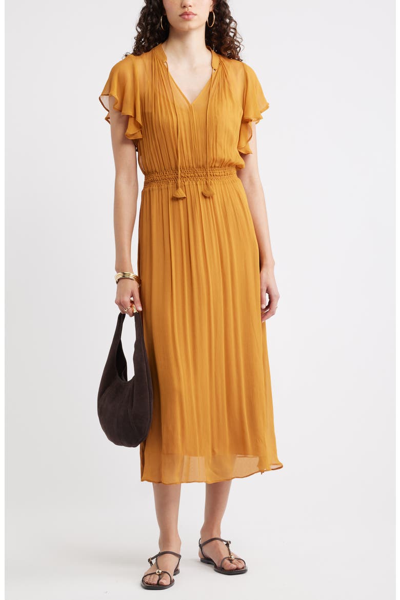Crinkle Chiffon Midi Dress, Alternate, color, BROWN SIENA