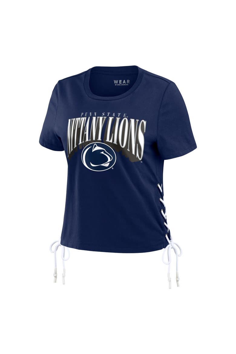 Women's WEAR by Erin Andrews Navy Penn State Nittany Lions Side Lace-Up Modest Crop T-Shirt, Alternate, color, Navy