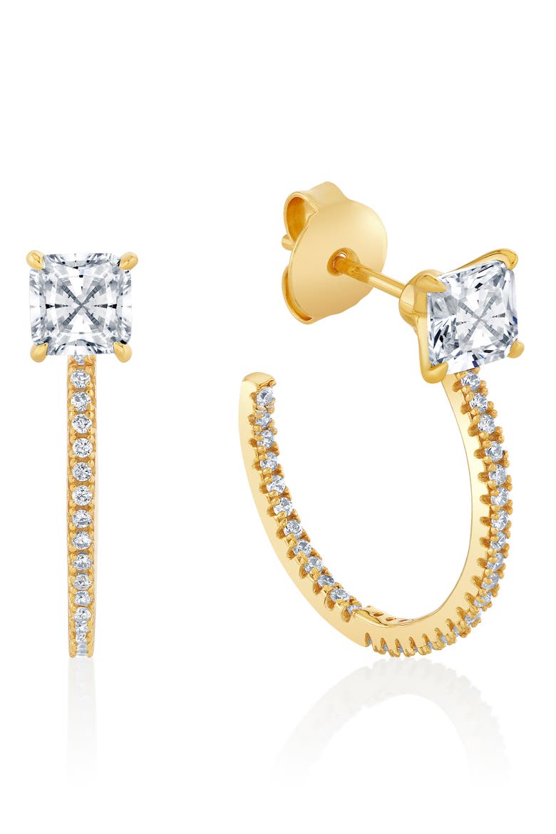 Princess-Cut Pavé Cubic Zirconia Huggie Hoop Earrings, Main, color, 18KT YELLOW GOLD / CLEAR STONE
