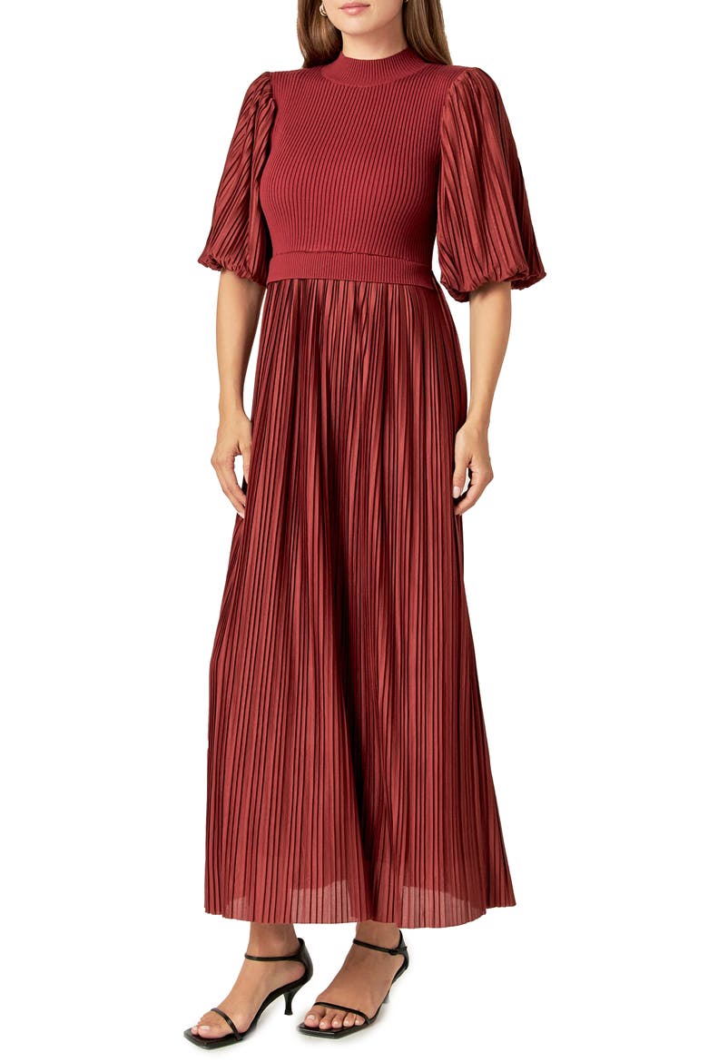 Mixed Media Pleated Dress, Alternate, color, BRICK
