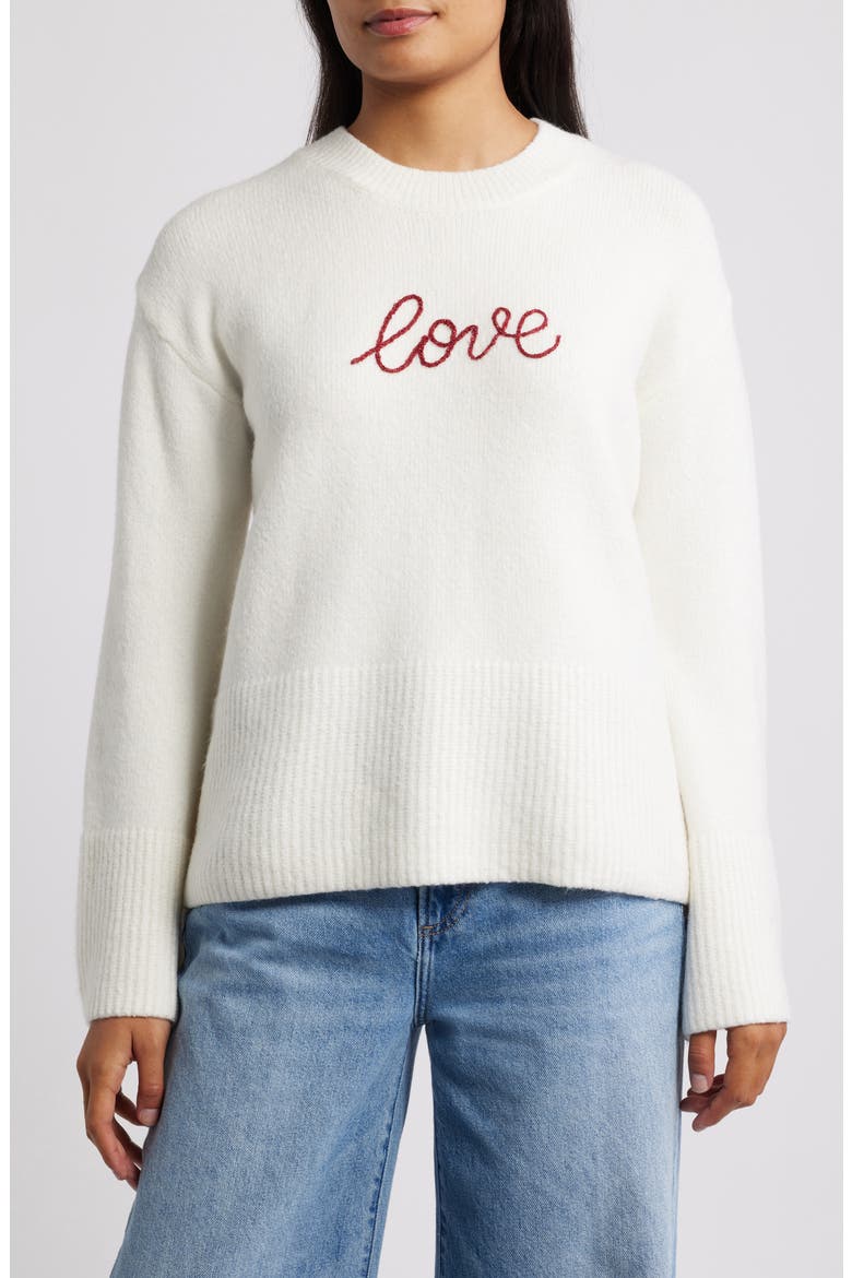 Love Embroidery Sweater, Main, color, IVORY/ RED