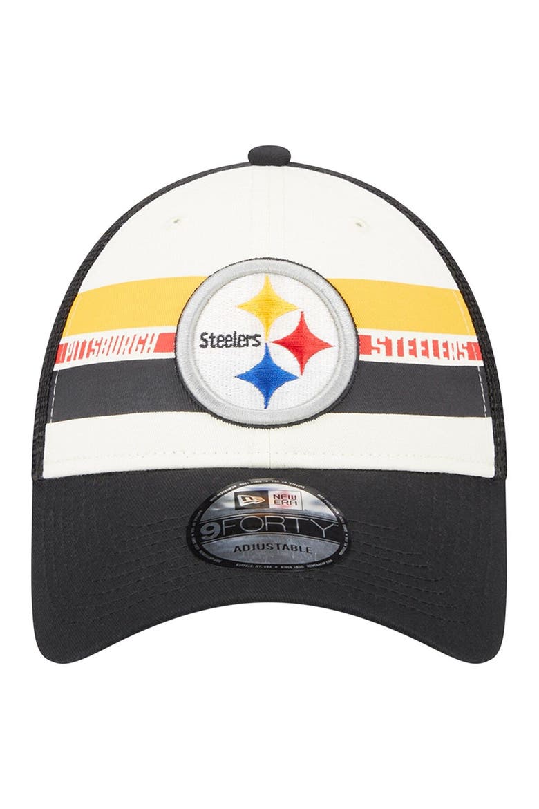 Men's New Era Cream/Black Pittsburgh Steelers Team Stripe Trucker 9FORTY Snapback Hat, Alternate, color, Cream