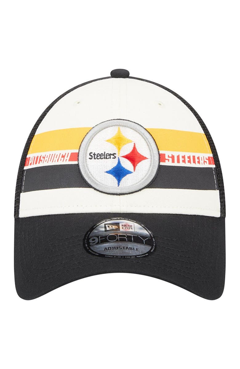 New Era Men's New Era Cream/Black Pittsburgh Steelers Team Stripe Trucker 9FORTY Snapback Hat, Alternate, color,