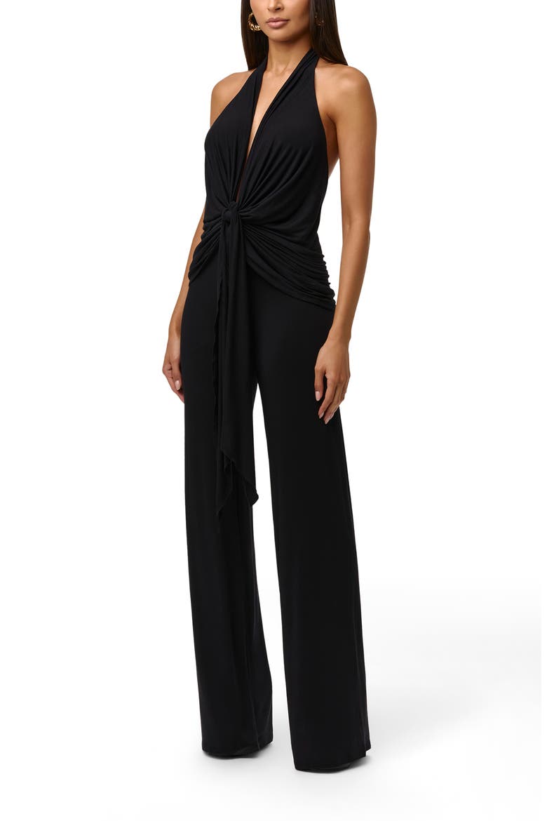 Deep Plunge Neck Tie Front Halter Top, Alternate, color, BLACK