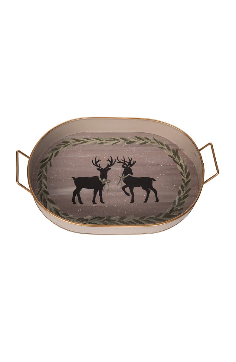 Transpac Metal Oval Deer Tray Multicolored Decorative Tabletop Tray, Main, color, Brown