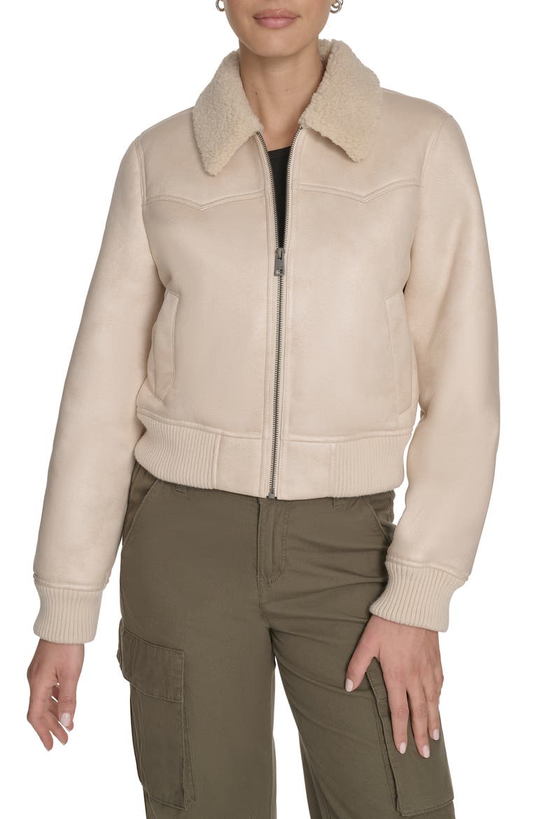 Faux Shearling Trim Faux Leather Western Bomber Jacket, Main, color, ALMOND MILK