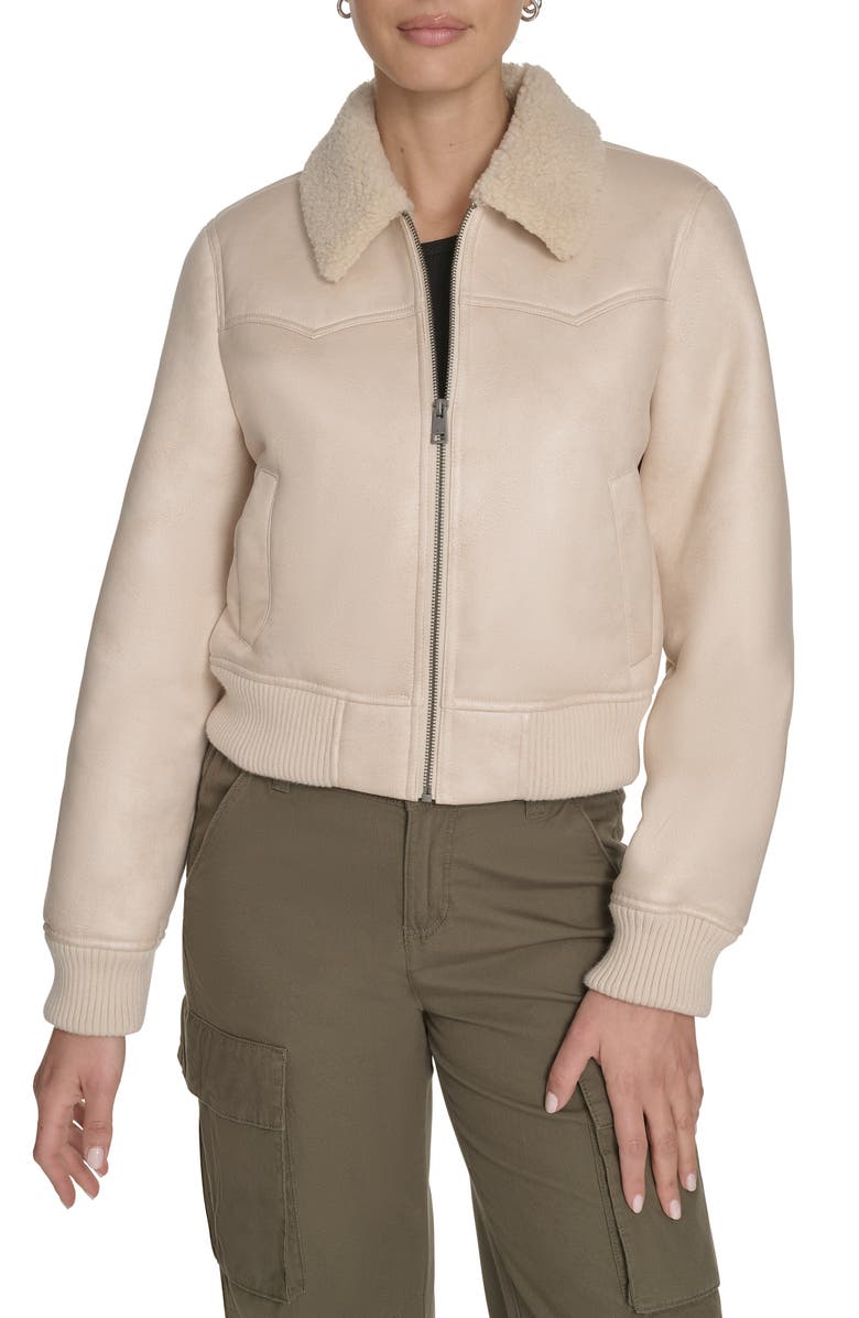 Levi's Faux Shearling Trim Faux Leather Western Bomber Jacket, Main, color, Almond Milk