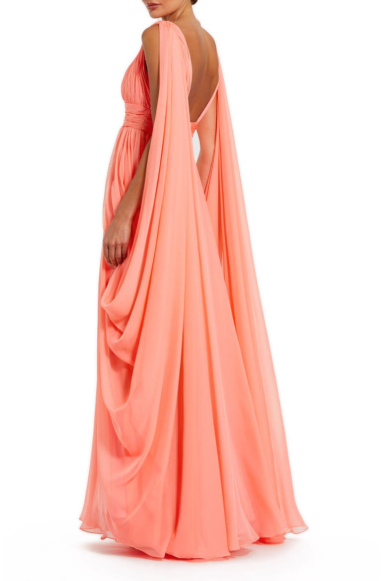 Drape Detail V Neck Chiffon Gown, Alternate, color, Coral