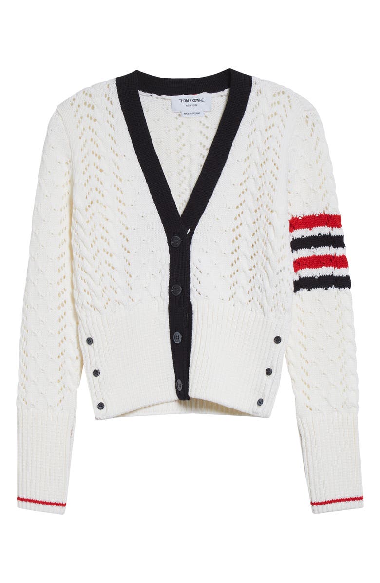 Thom Browne 4-Bar Cable Stitch Virgin Merino Wool Cardigan, Alternate, color, White