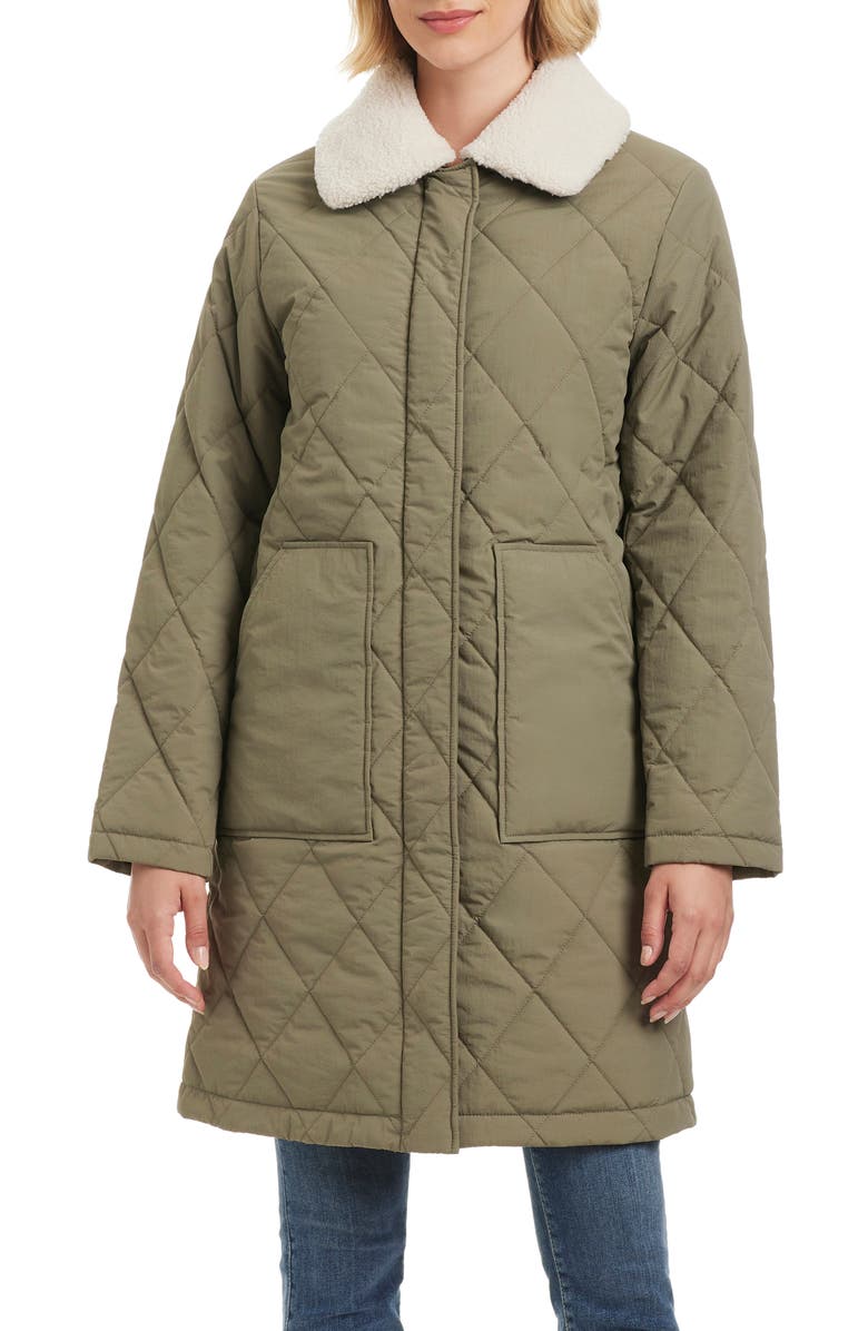 Sanctuary Water Resistant Quilted Coat with Removable Faux Shearling Collar, Main, color, Sage