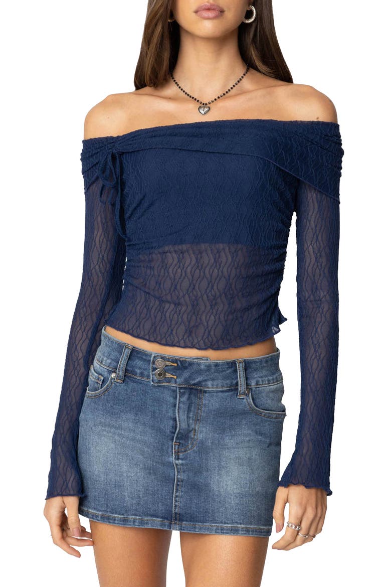 Off the Shoulder Long Sleeve Sheer Top, Main, color, NAVY