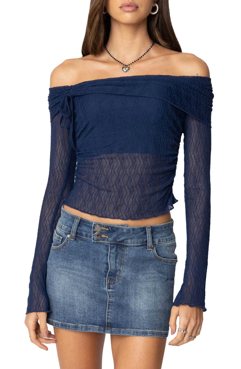 EDIKTED Off the Shoulder Long Sleeve Sheer Top, Main, color, Navy