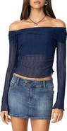 EDIKTED Off the Shoulder Long Sleeve Sheer Top