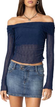 EDIKTED Off the Shoulder Long Sleeve Sheer Top