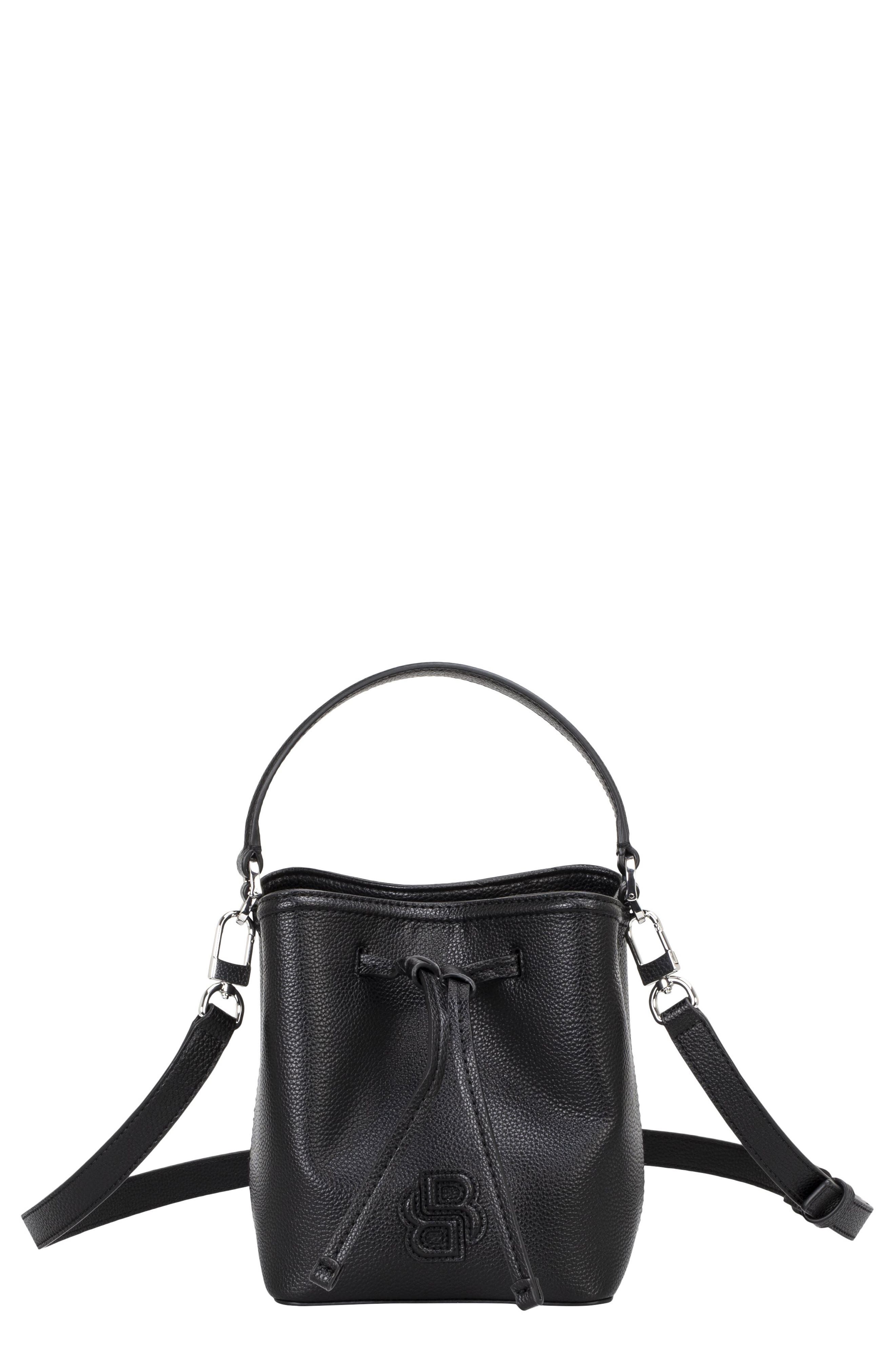 Anett Small Faux Leather Drawstring Bag, Main, color, BLACK