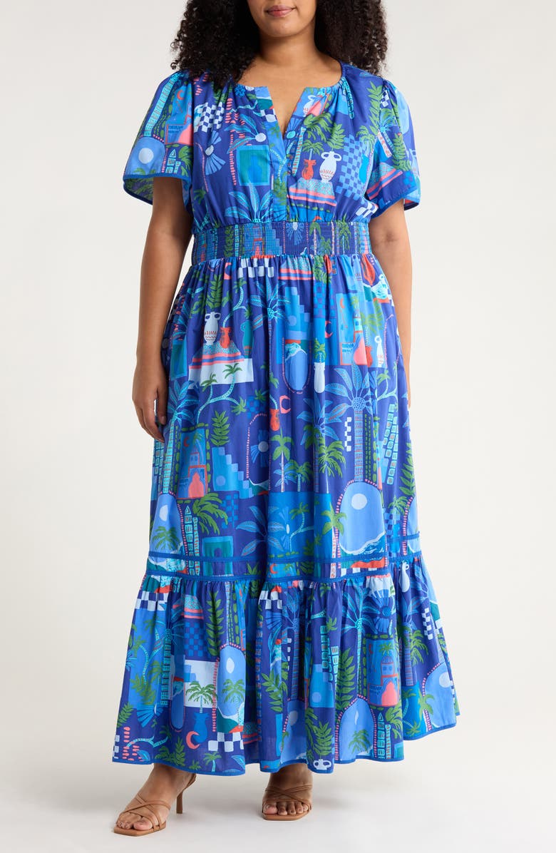 SUGARLIPS Punta Alta Ordy Tiered Cotton Maxi Dress, Main, color, Cobalt-Combo