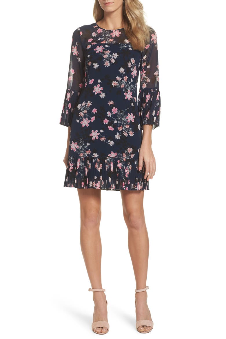 Floral Print Bell Sleeve Dress, Main, color, NAVY