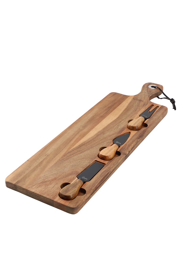 4 Piece Acacia Wood Charcuterie Board W/ Cheese Knives, Main, color, Brown