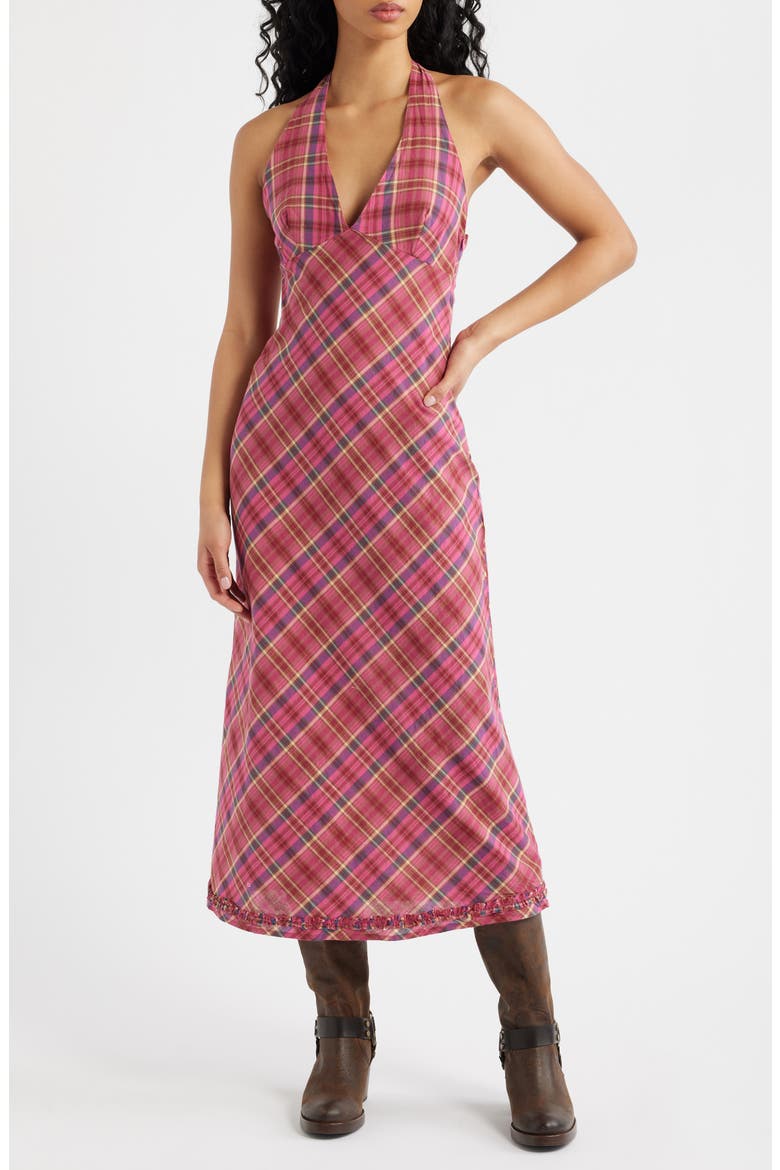 Rita Plaid Halter Midi Dress, Alternate, color, RED CHECK