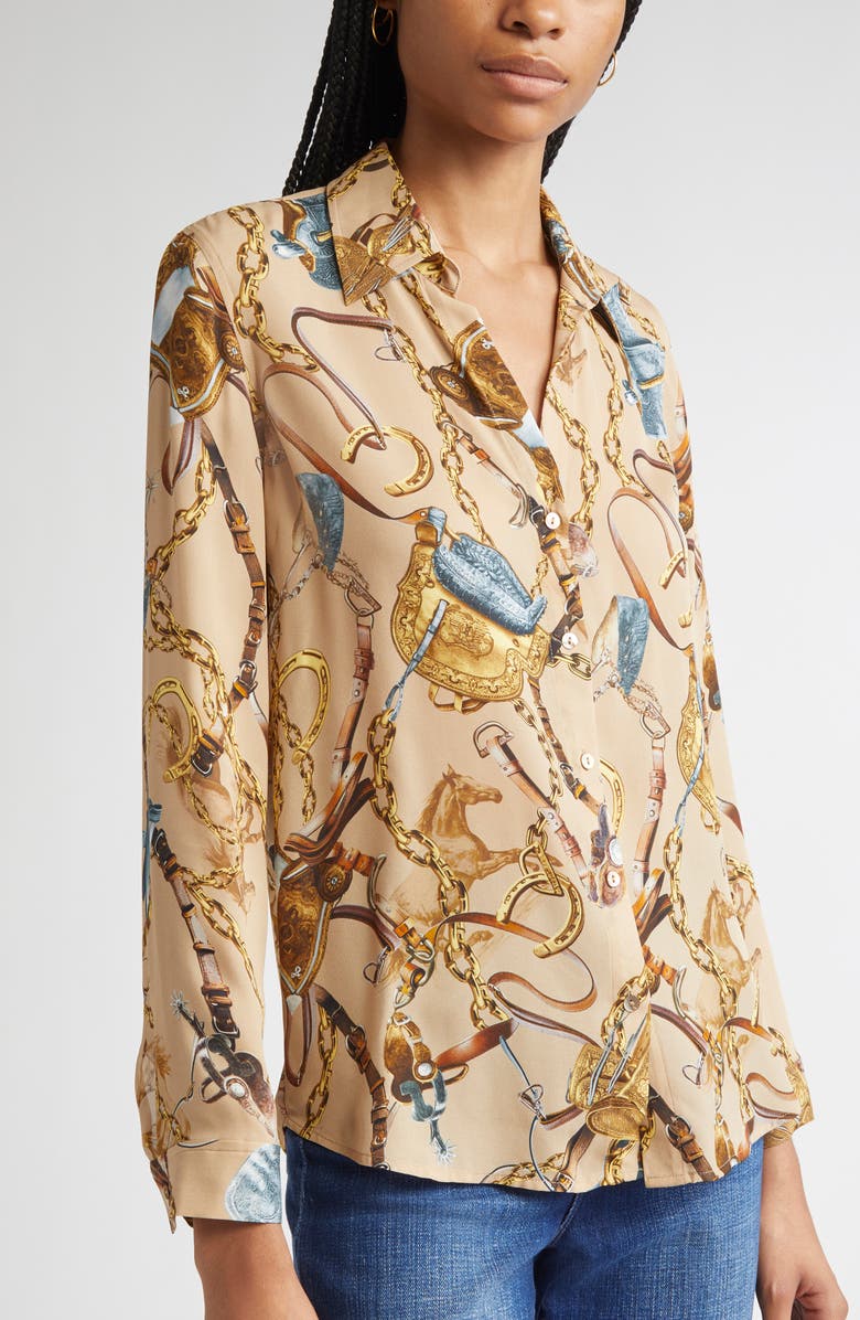 L'AGENCE Nina Chain Print Silk Button-Up Shirt, Alternate, color, Dk Cppccno Mlt Equestrian Sdl