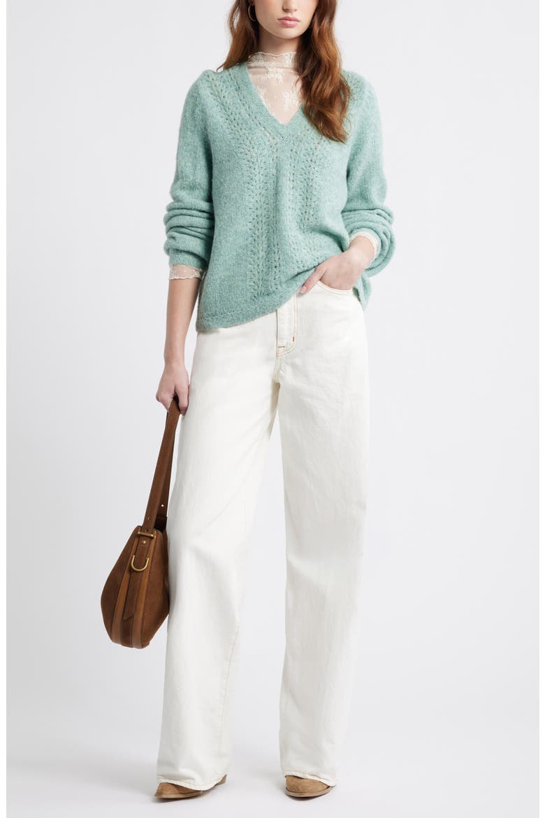 Oversize Pointelle V-Neck Sweater, Alternate, color, GREEN MILIEU