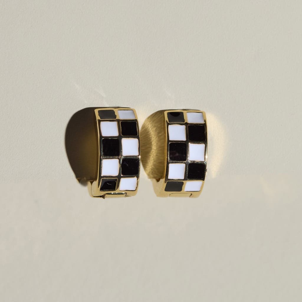 Nickel & Suede Checkered Enamel Huggies