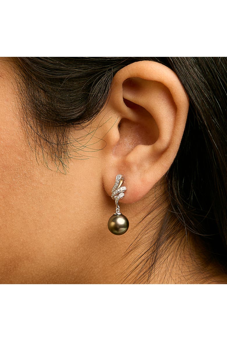 14K White Gold Black Pearl and Diamond Accent Dangle Earrings, Alternate, color, White
