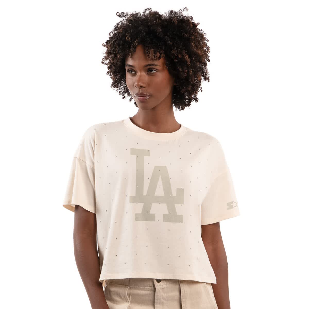 Women's Starter Cream Los Angeles Dodgers Rhinestone Sprinkle Boxy